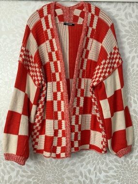 BTFBM Women’s L Boho Eclectic Orange Checkerboard Oversized Cardigan Sweater